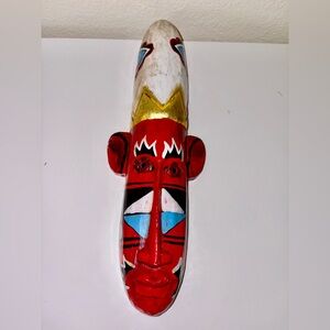 African Hand Carved Mask Red White